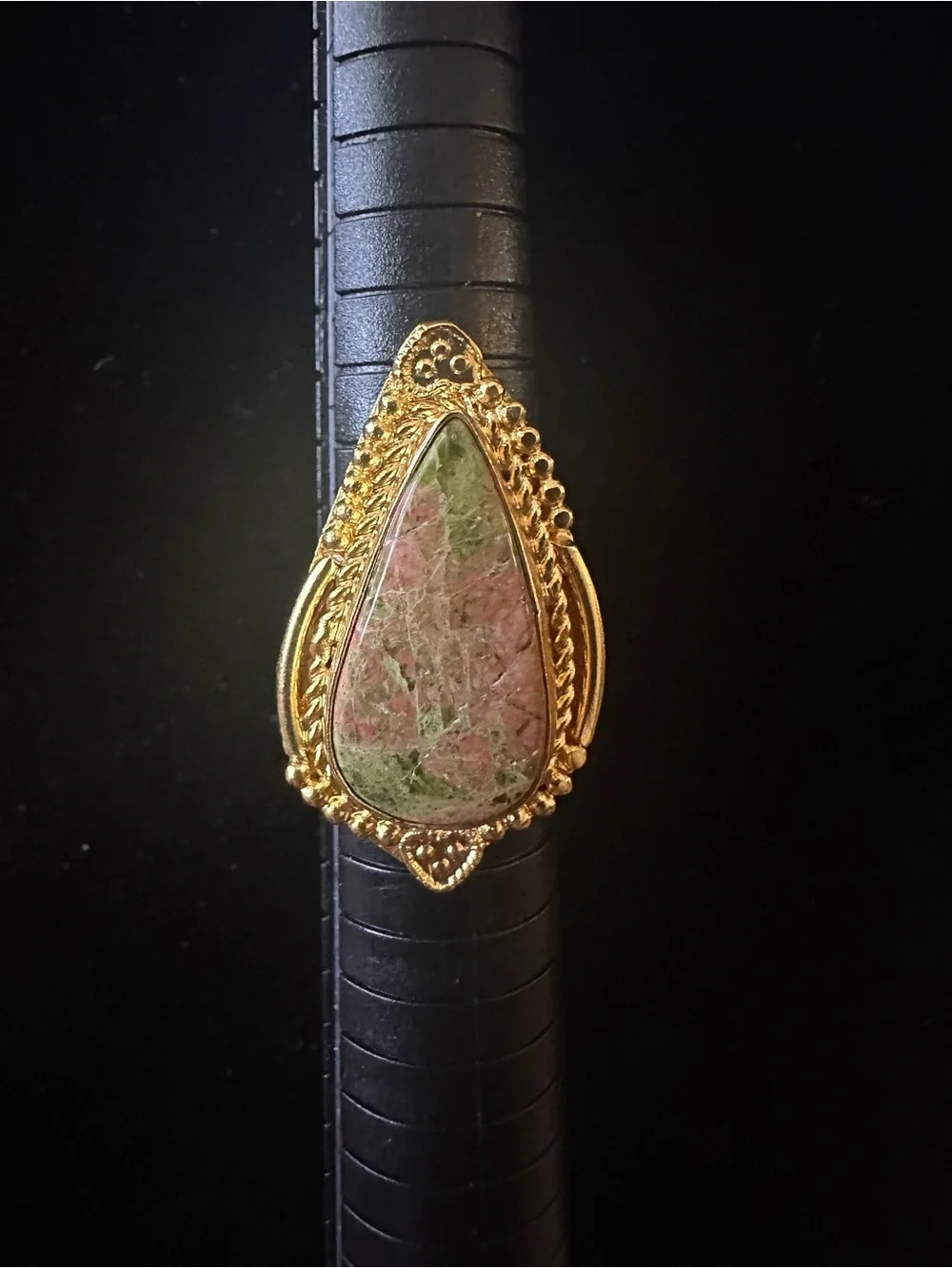 Gold Teardrop Pink & Green Stone Statement Ring